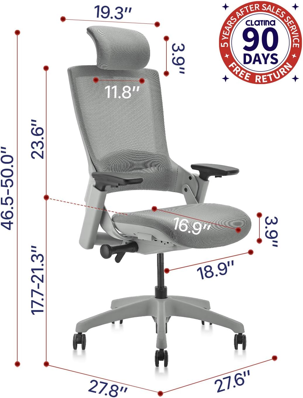 Dimensions of the Clatina Ergonomic Executive Chair